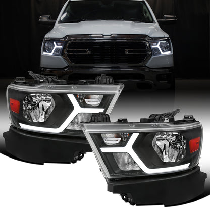 Ronnin - Fits 2019-2024 Ram 1500 Upgraded Factory Replacement Halogen Headlights LED Animated Startup Effect Assembly Pair | Black