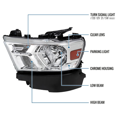 Ronnin - Fits 2019-2024 Ram 1500 Factory Replacement Halogen Headlights Assembly Piece | Driver Side | Chrome