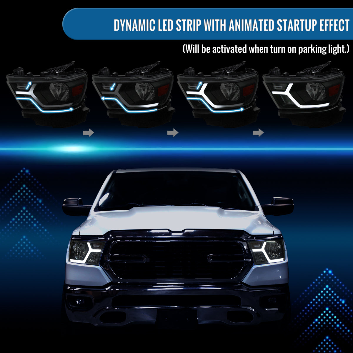 Ronnin - Fits 2019-2024 Ram 1500 Upgraded Factory Replacement Halogen Headlights LED Animated Startup Effect Assembly Pair | Black Smoke