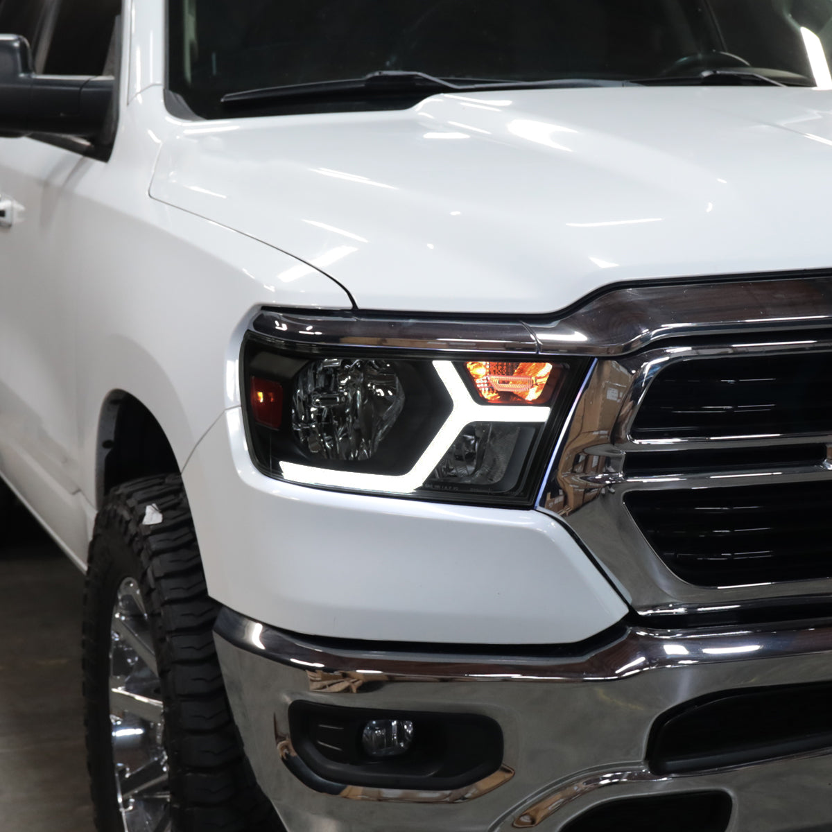 Ronnin - Fits 2019-2024 Ram 1500 Upgraded Factory Replacement Halogen Headlights LED Animated Startup Effect Assembly Pair | Black Smoke