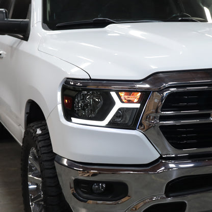 Ronnin - Fits 2019-2024 Ram 1500 Upgraded Factory Replacement Halogen Headlights LED Animated Startup Effect Assembly Pair | Black Smoke
