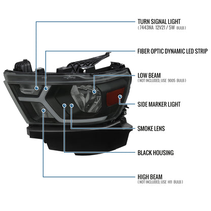 Ronnin - Fits 2019-2024 Ram 1500 Upgraded Factory Replacement Halogen Headlights LED Animated Startup Effect Assembly Pair | Black Smoke