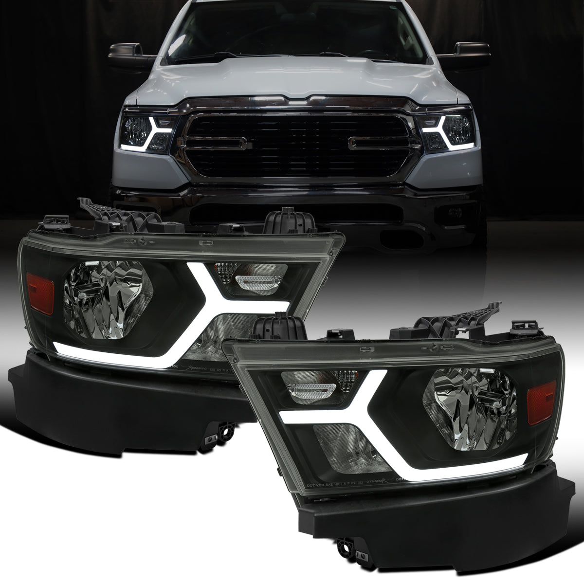 Ronnin - Fits 2019-2024 Ram 1500 Upgraded Factory Replacement Halogen Headlights LED Animated Startup Effect Assembly Pair | Black Smoke
