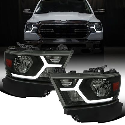 Ronnin - Fits 2019-2024 Ram 1500 Upgraded Factory Replacement Halogen Headlights LED Animated Startup Effect Assembly Pair | Black Smoke