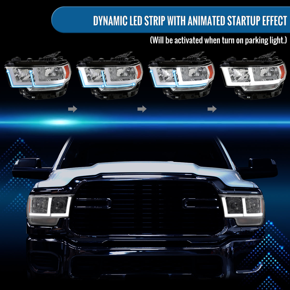 Ronnin - Fits 2019-2024 Ram 2500 3500 4500 5500 Tradesman Big Horn SLT Upgraded Replacement LED Animated Startup Effect Headlights Assembly Pair | Chrome