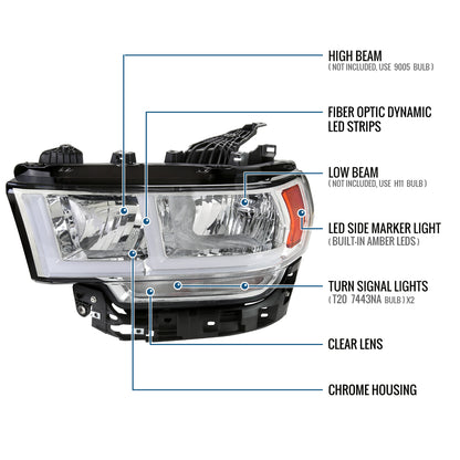 Ronnin - Fits 2019-2024 Ram 2500 3500 4500 5500 Tradesman Big Horn SLT Upgraded Replacement LED Animated Startup Effect Headlights Assembly Pair | Chrome