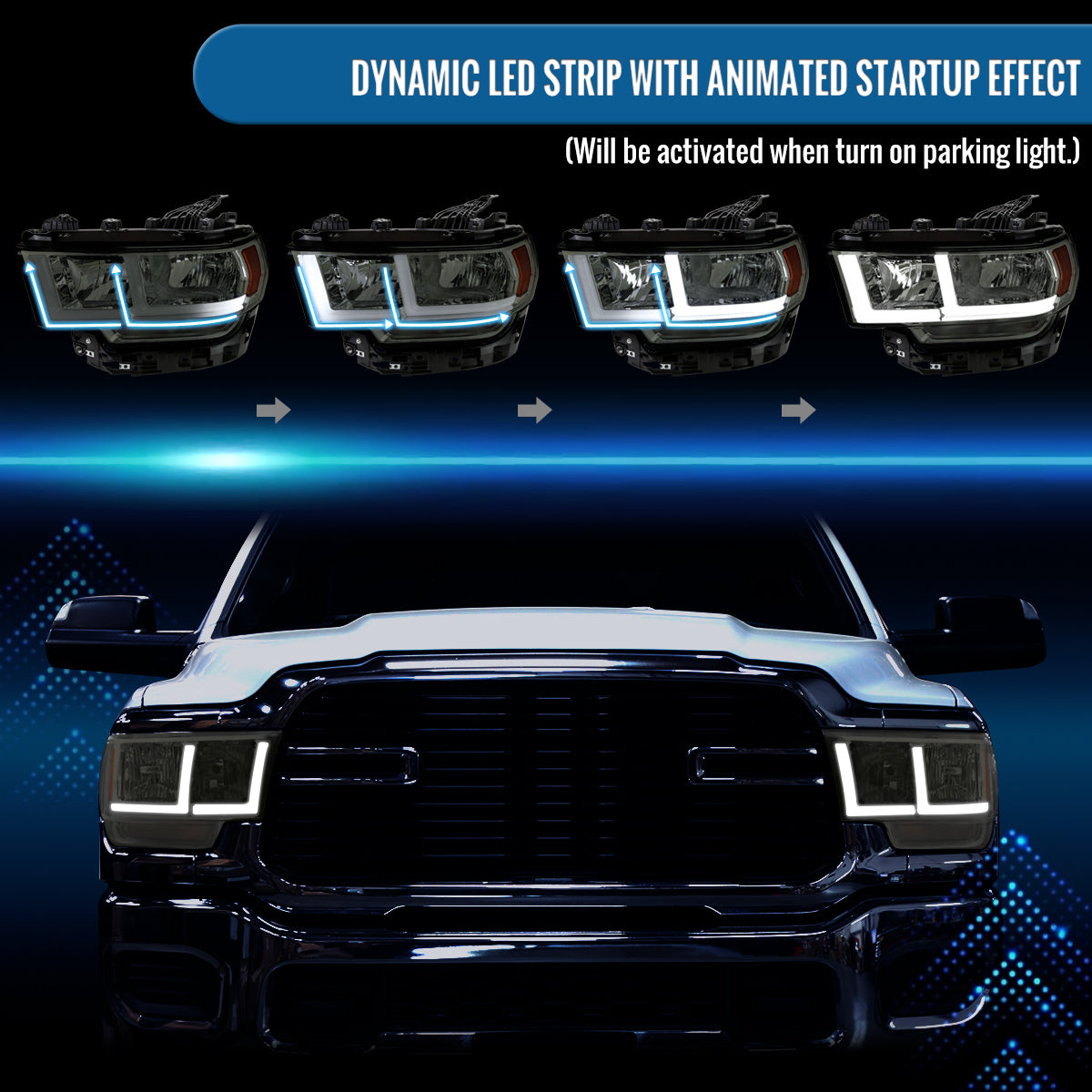 Ronnin - Fits 2019-2024 Ram 2500 3500 4500 5500 Tradesman Big Horn SLT Upgraded Replacement LED Animated Startup Effect Headlights Assembly Pair | Smoke