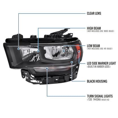 Ronnin - Fits 2019-2024 Ram 2500 3500 4500 5500 Factory Replacement Halogen Headlights Assembly Pair | Black