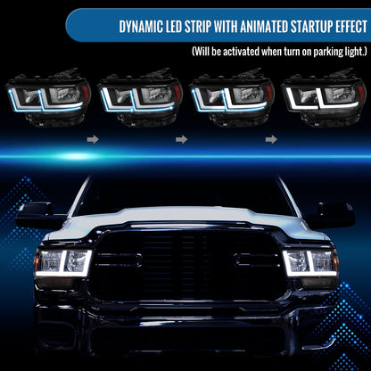 Ronnin - Fits 2019-2024 Ram 2500 3500 4500 5500 Tradesman Big Horn SLT Upgraded Replacement LED Animated Startup Effect Headlights Assembly Pair | Black