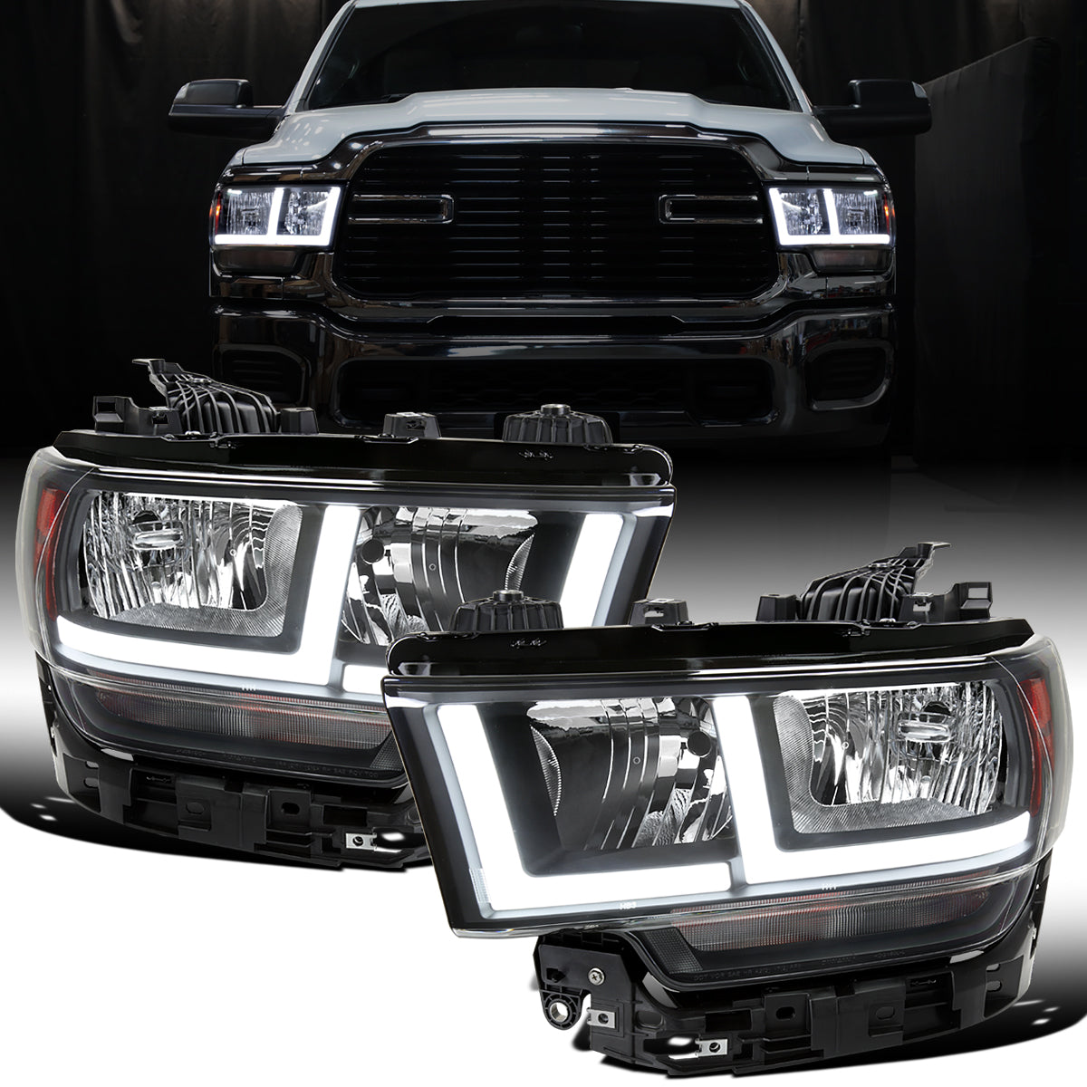 Ronnin - Fits 2019-2024 Ram 2500 3500 4500 5500 Tradesman Big Horn SLT Upgraded Replacement LED Animated Startup Effect Headlights Assembly Pair | Black