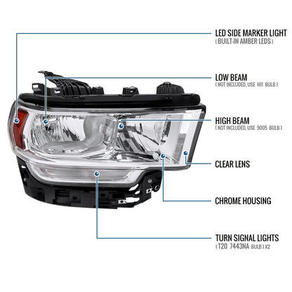 Ronnin - Fits 2019-2024 Ram 2500 3500 4500 5500 Factory Replacement Halogen Headlight Assembly Piece | Right Passenger Side | Chrome