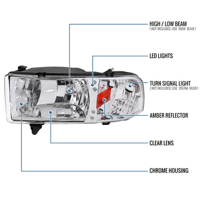 Ronnin - Fits 1994-2002 Dodge Ram 1500 2500 3500 Upgraded Replacement LED Lamps Headlights Assembly Pair | Chrome