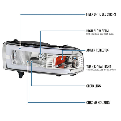 Ronnin - Fits 1994-2002 Dodge Ram 1500 2500 3500 Upgraded Replacement LED Tube Headlights Assembly Pair | Chrome