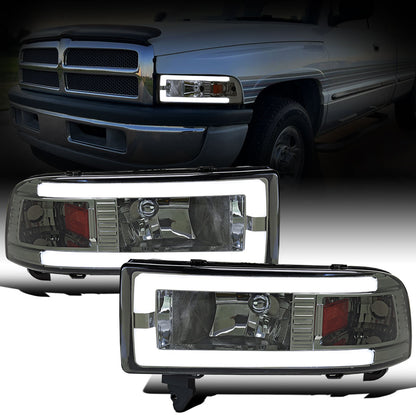 Ronnin - Fits 1994-2002 Dodge Ram 1500 2500 3500 Upgraded Replacement LED Tube Headlights Assembly Pair | Smoke
