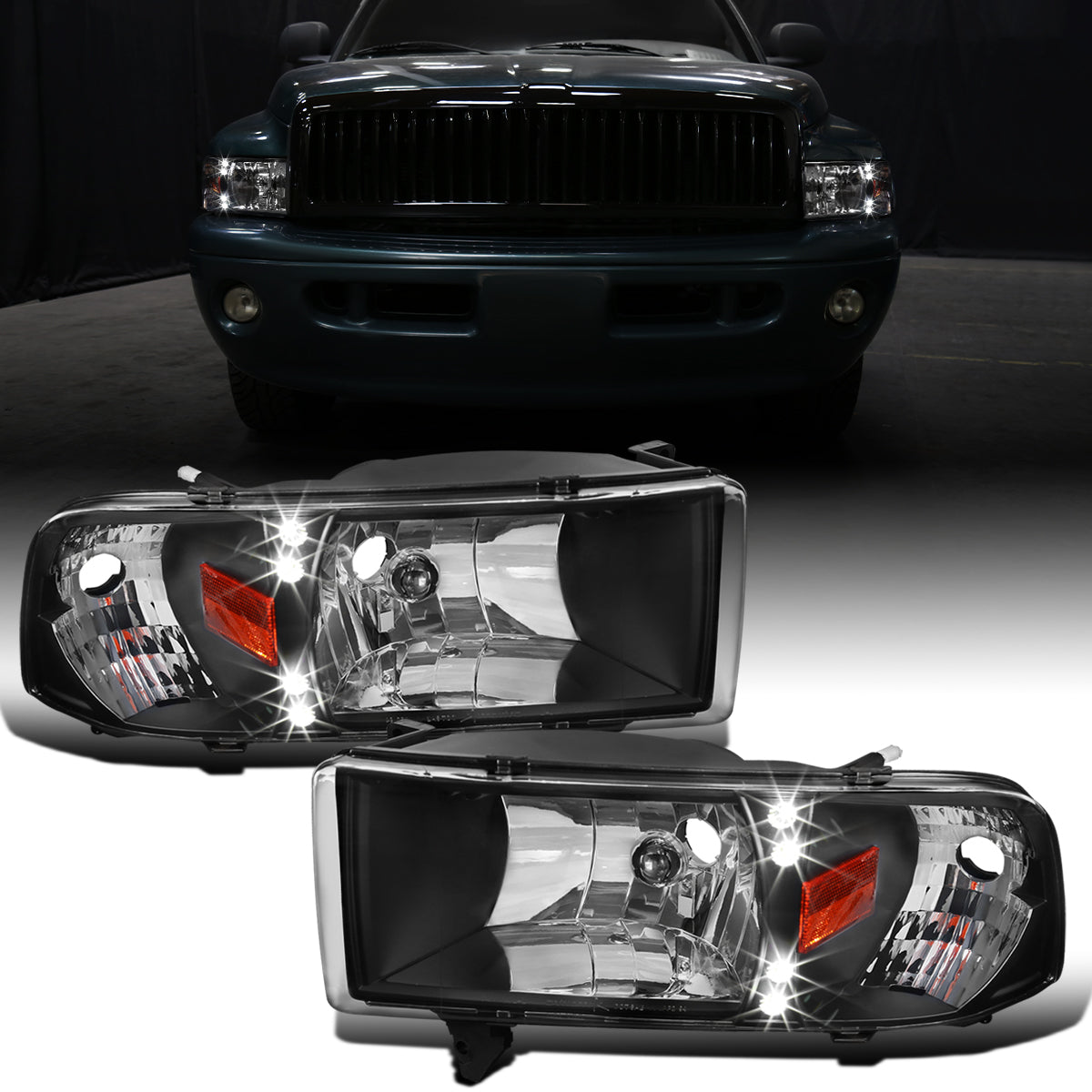 Ronnin - Fits 1994-2002 Dodge Ram 1500 2500 3500 Upgraded Replacement LED Lamps Headlights Assembly Pair | Black
