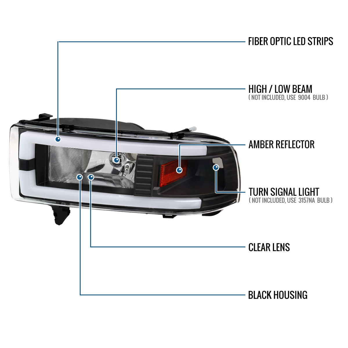Ronnin - Fits 1994-2002 Dodge Ram 1500 2500 3500 Upgraded Replacement LED Tube Headlights Assembly Pair | Black