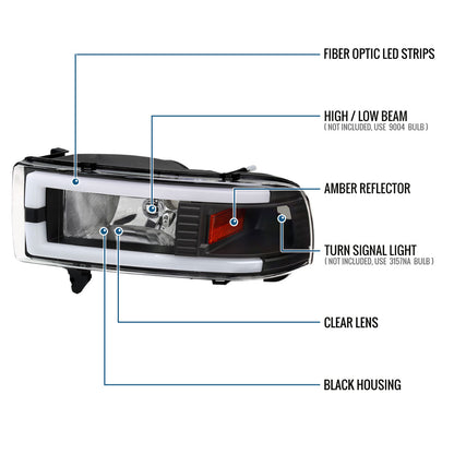 Ronnin - Fits 1994-2002 Dodge Ram 1500 2500 3500 Upgraded Replacement LED Tube Headlights Assembly Pair | Black
