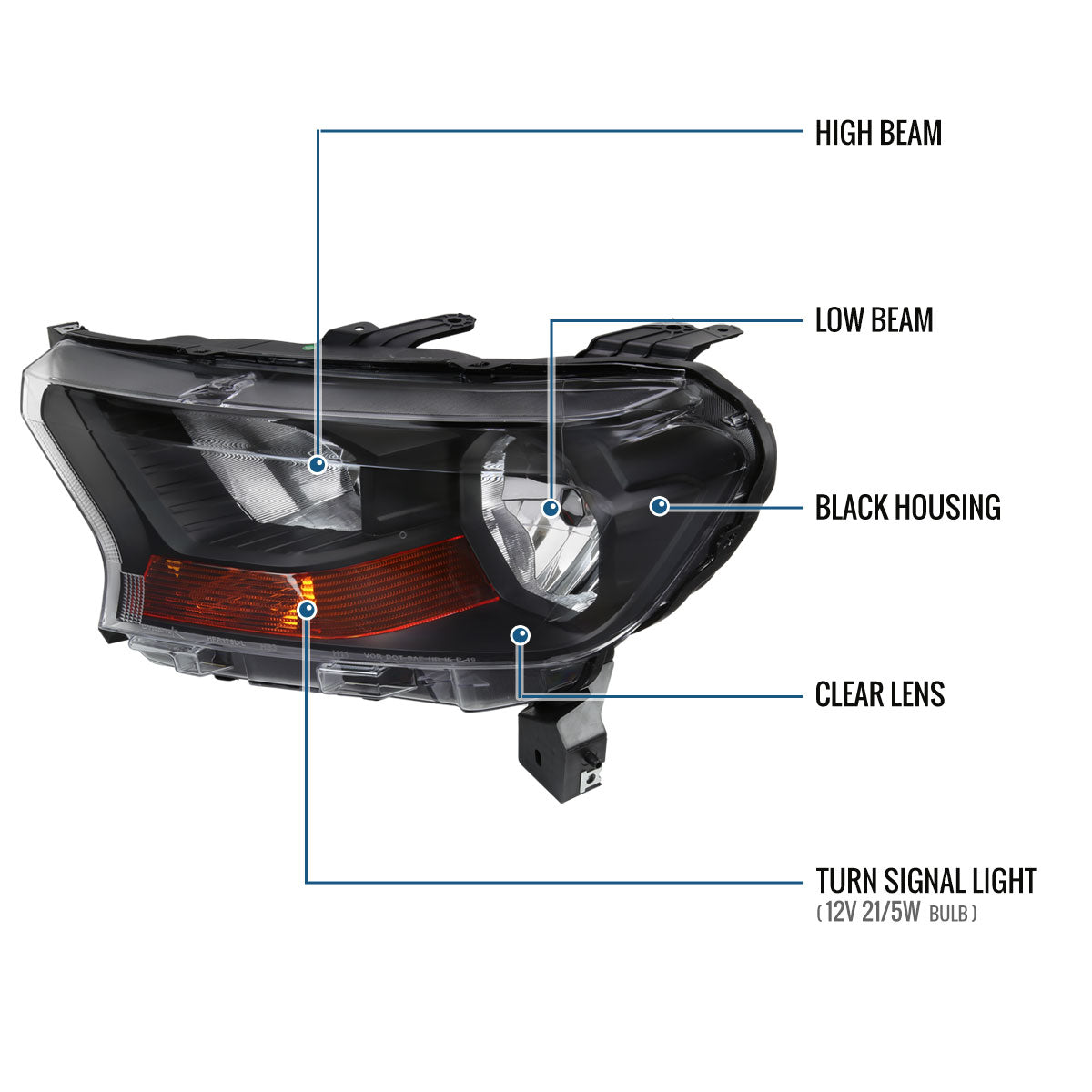 Ronnin - Fits 2019-2023 Ford Ranger XL XLT Factory Replacement Halogen Headlights Assembly Pair | Black
