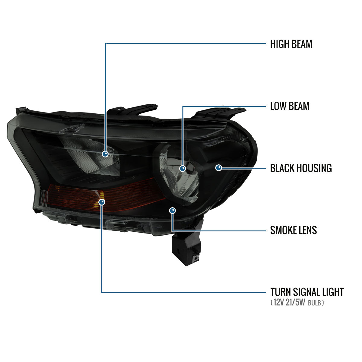 Ronnin - Fits 2019-2023 Ford Ranger XL XLT Factory Replacement Halogen Headlights Assembly Pair | Black Smoke
