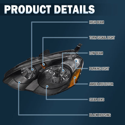 Ronnin - Compatible con Acura RSX 2002-2004 | Par de faros delanteros de repuesto | Negro