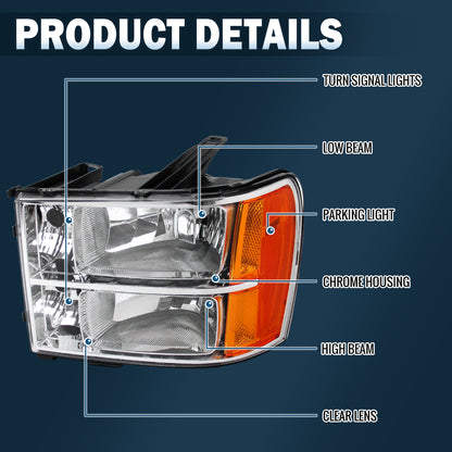 Ronnin - Compatible con GMC Sierra 1500 1500HD 2500HD 3500HD Denali 2007-2014 | Par de faros delanteros de repuesto cromados