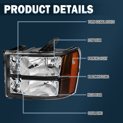 Ronnin - Compatible con GMC Sierra 1500 1500HD 2500HD 3500HD Denali de 2007-2014, par de faros delanteros de repuesto de fábrica | Negro