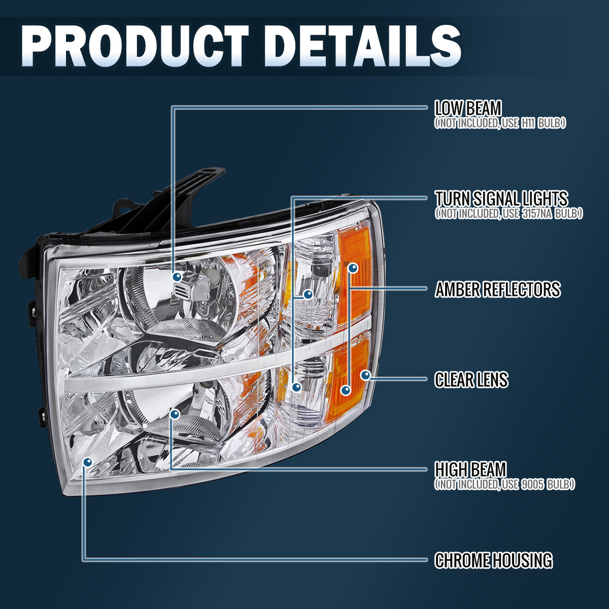 Ronnin - Faros delanteros de repuesto originales para Chevy Silverado 1500 2500HD 3500HD 2007-2013 | Cromados