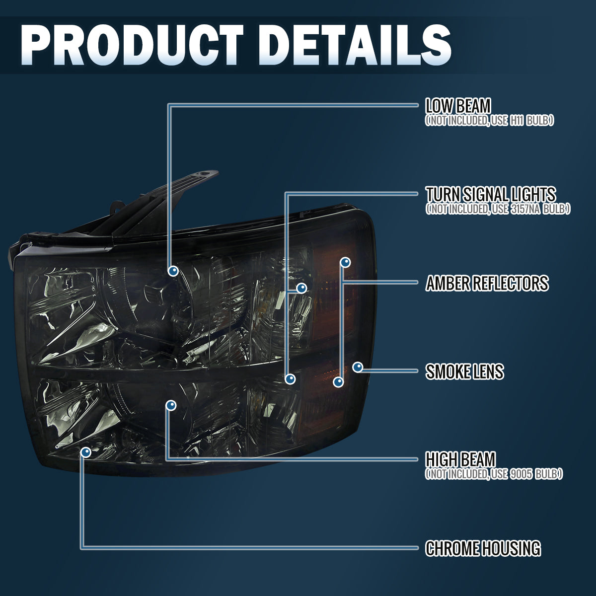 Ronnin - Compatible con Chevy Silverado 1500 2500HD 3500HD 2007-2013 | Par de faros delanteros de repuesto | Ahumados