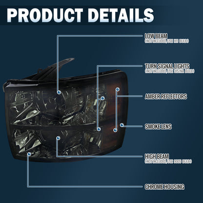Ronnin - Compatible con Chevy Silverado 1500 2500HD 3500HD 2007-2013 | Par de faros delanteros de repuesto | Ahumados