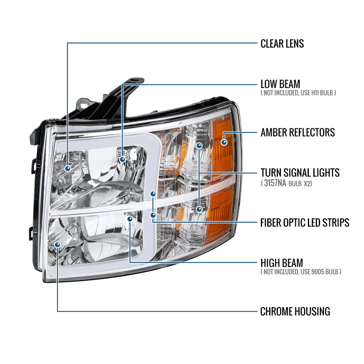 2007-2014 Chevy Silverado 1500 2500HD 3500HD Headlights Pair | Chrome
