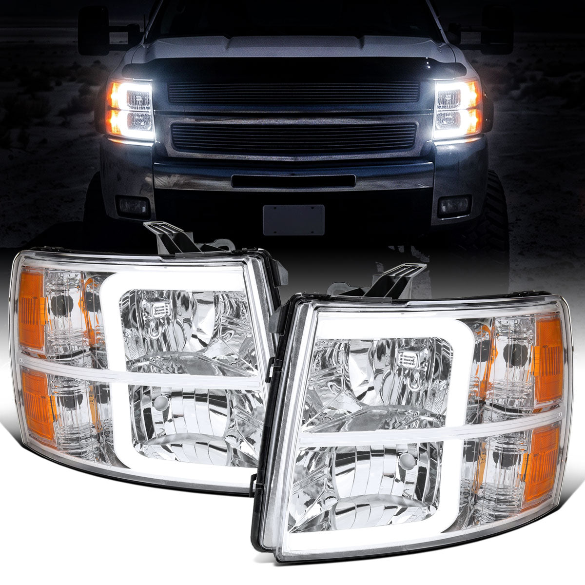 2007-2014 Chevy Silverado 1500 2500HD 3500HD Headlights Pair | Chrome