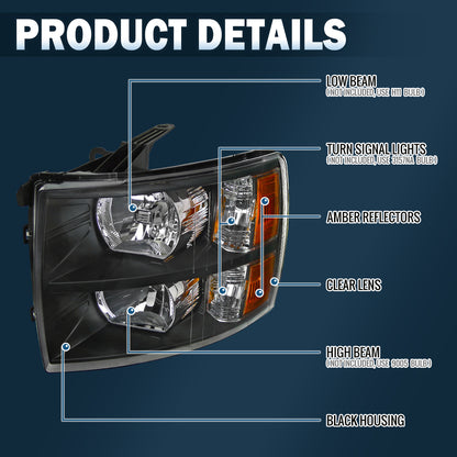 Ronnin - Compatible con Chevy Silverado 1500 2500HD 3500HD 2007-2013 | Par de ensamblajes de faros delanteros de repuesto | Negros