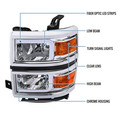 Ronnin - Fits 2014-2015 Chevy Silverado 1500 Upgraded LED Tube Headlights Assembly Pair | Chrome