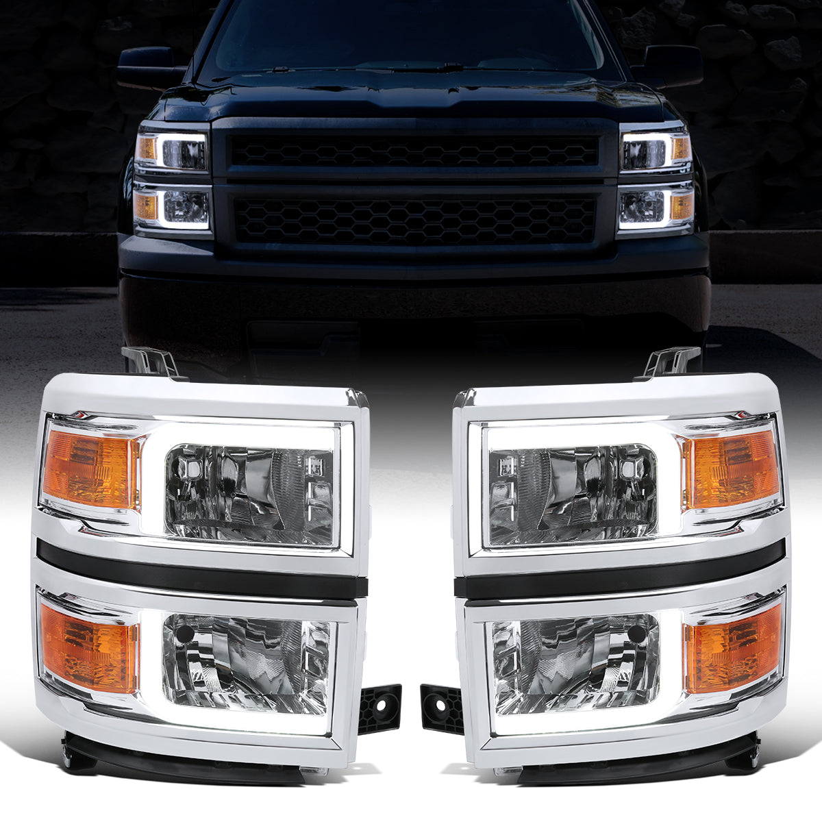 Ronnin - Fits 2014-2015 Chevy Silverado 1500 Upgraded LED Tube Headlights Assembly Pair | Chrome