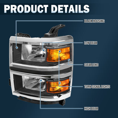 Ronnin - Juego de faros delanteros de repuesto | Negro | para Chevy Silverado 1500 2014-2015