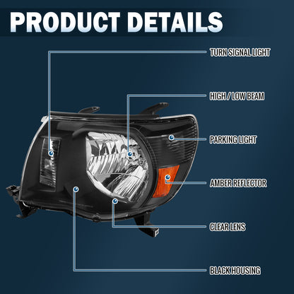 Ronnin - Faros delanteros de repuesto de fábrica para Toyota Tacoma 2005-2011 | Negro