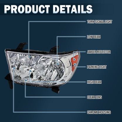 Ronnin - Compatible con Toyota Tundra Sequoia 2007-2017 | Par de ensamblaje de faros de repuesto | Cromado