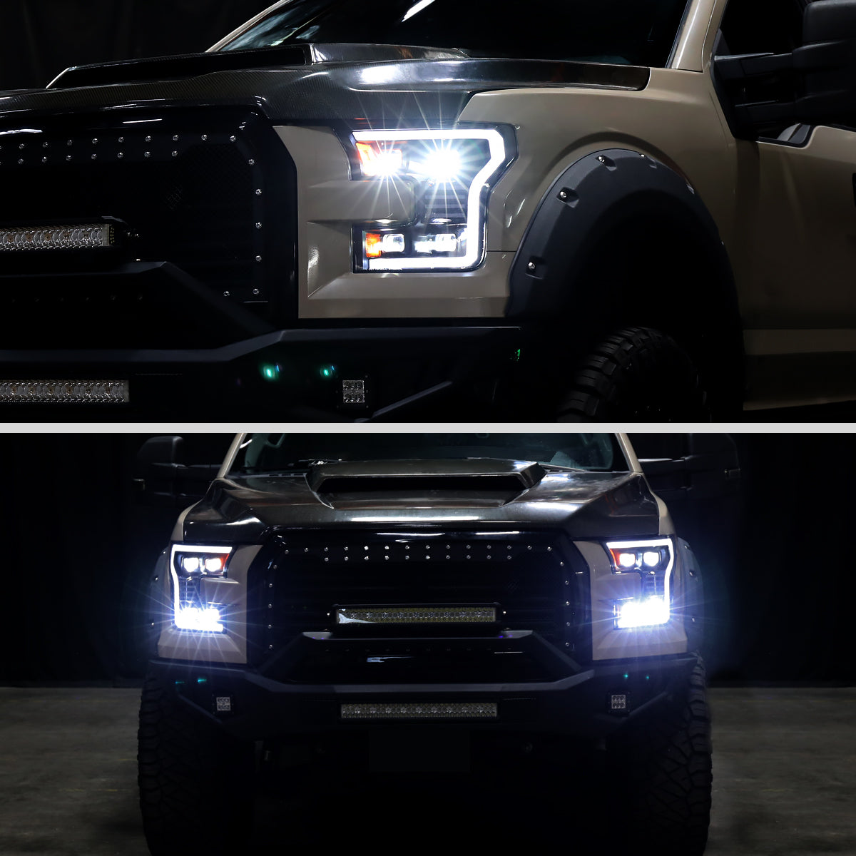 Ronnin - Fits 2015-2017 Ford F150 Full LED Beam Quad Projector Headlights Animated Startup Remote Control Amber/White DRL Switchback Seq. Turn Signals With 2 Lighting Patterns Assembly Pair | Black