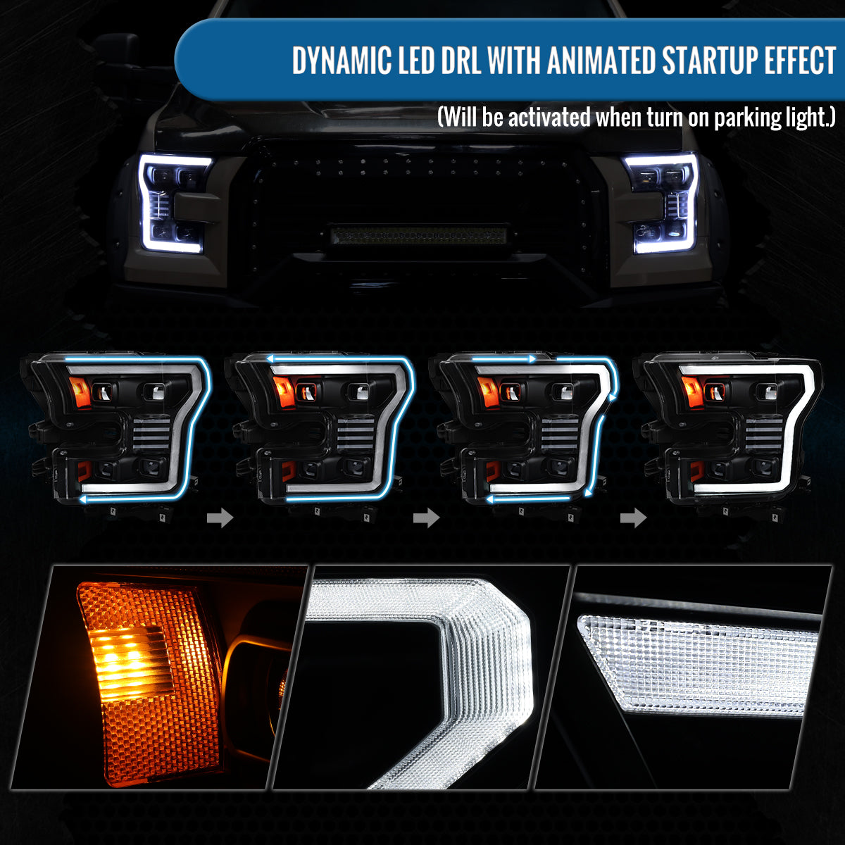 Ronnin - Fits 2015-2017 Ford F150 Full LED Beam Quad Projector Headlights Animated Startup Remote Control Amber/White DRL Switchback Seq. Turn Signals With 2 Lighting Patterns Assembly Pair | Black