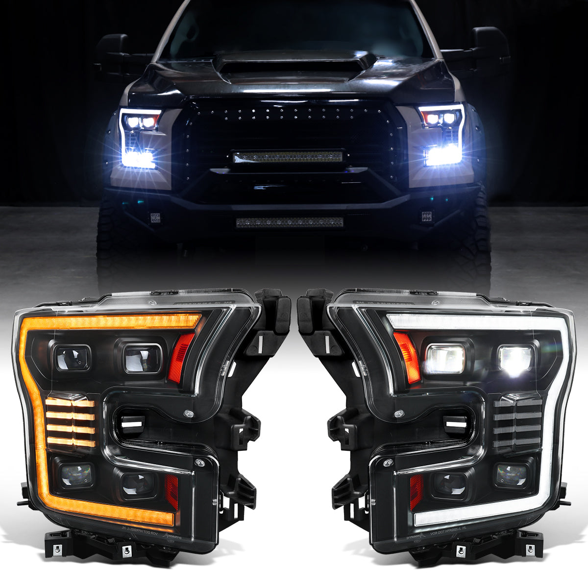 Ronnin - Fits 2015-2017 Ford F150 Full LED Beam Quad Projector Headlights Animated Startup Remote Control Amber/White DRL Switchback Seq. Turn Signals With 2 Lighting Patterns Assembly Pair | Black
