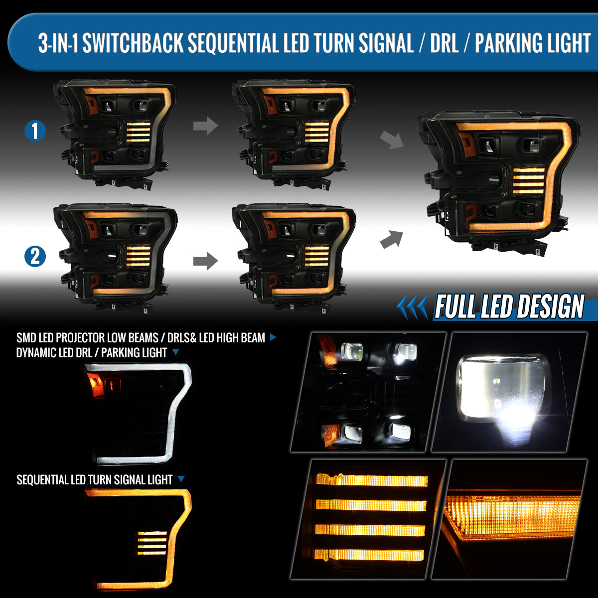 2015-2017 Ford F150 Full LED Beam Quad Projector Headlights Animated Startup Remote Control Amber/White DRL Switchback Seq. Turn Signals With 2 Lighting Patterns Assembly Pair | Black Smoke