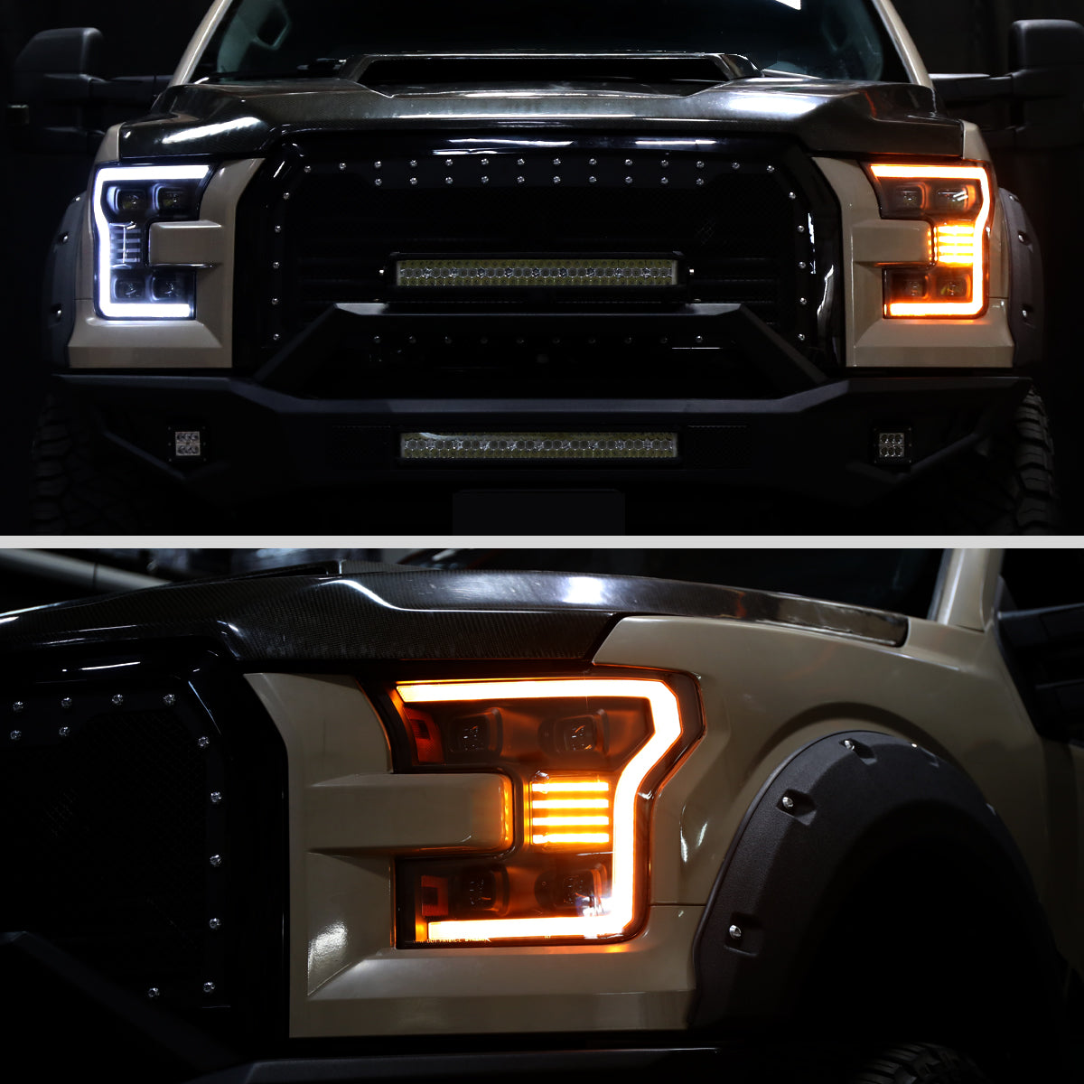 2015-2017 Ford F150 Full LED Beam Quad Projector Headlights Animated Startup Remote Control Amber/White DRL Switchback Seq. Turn Signals With 2 Lighting Patterns Assembly Pair | Black Smoke