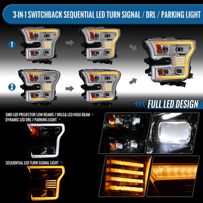 Ronnin - Fits 2015-2017 Ford F150 Full LED Beam Quad Projector Headlights Animated Startup Remote Control Amber/White DRL Switchback Seq. Turn Signals With 2 Lighting Patterns Assembly Pair | Chrome