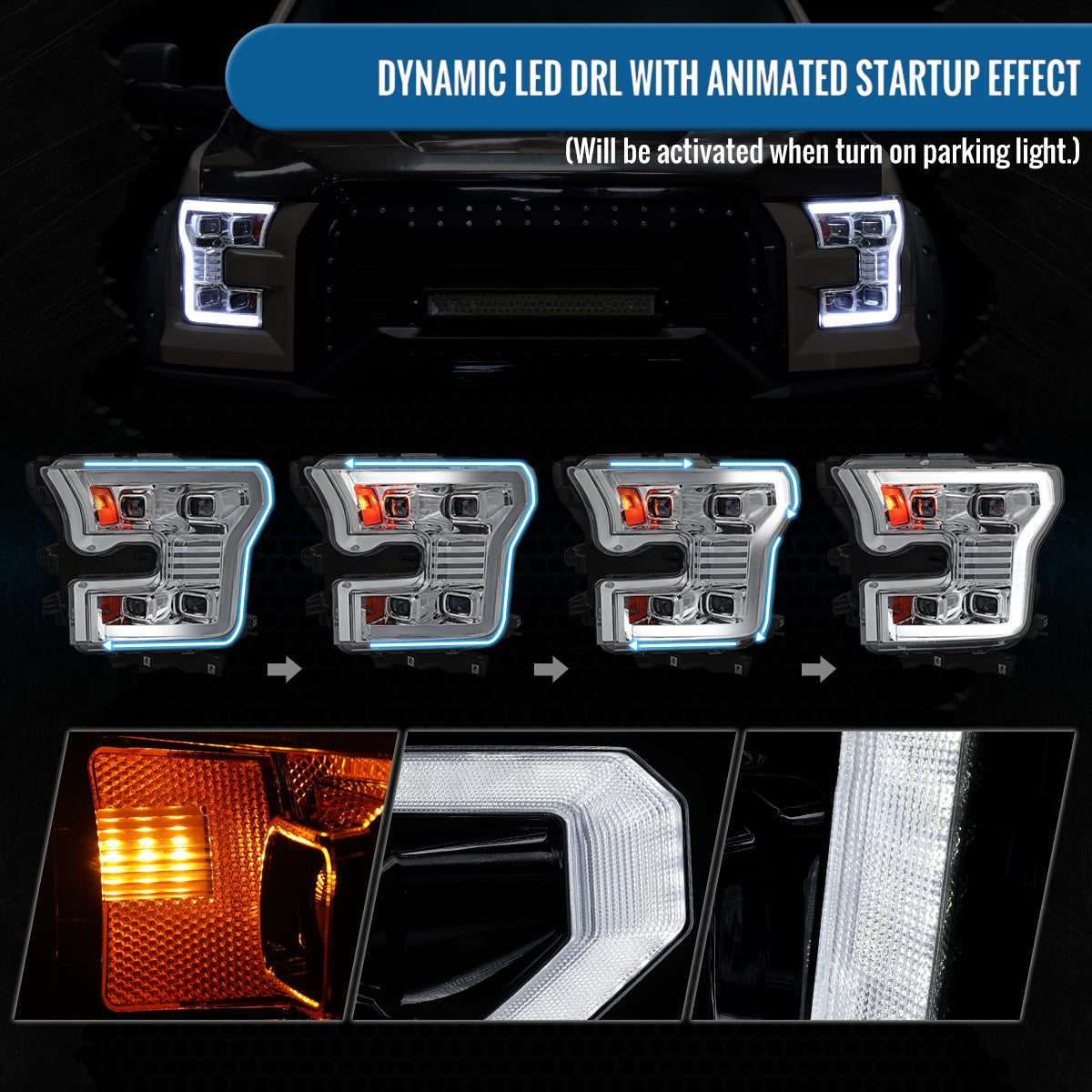 Ronnin - Fits 2015-2017 Ford F150 Full LED Beam Quad Projector Headlights Animated Startup Remote Control Amber/White DRL Switchback Seq. Turn Signals With 2 Lighting Patterns Assembly Pair | Chrome
