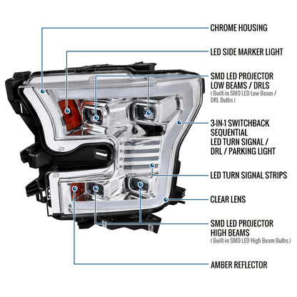Ronnin - Fits 2015-2017 Ford F150 Full LED Beam Quad Projector Headlights Animated Startup Remote Control Amber/White DRL Switchback Seq. Turn Signals With 2 Lighting Patterns Assembly Pair | Chrome