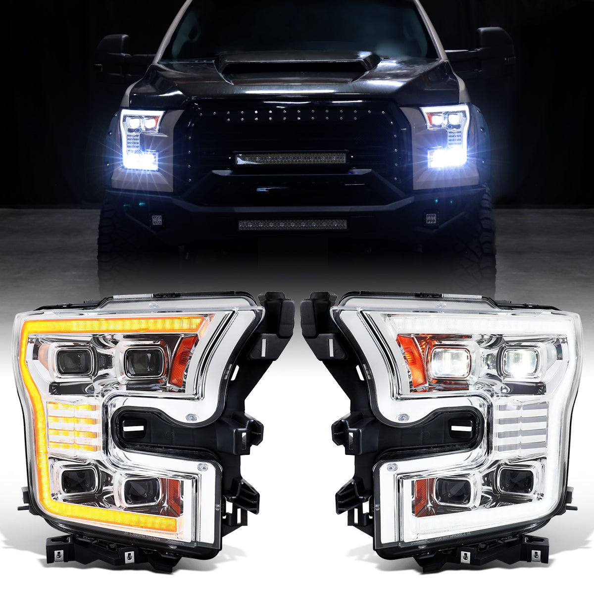 Ronnin - Fits 2015-2017 Ford F150 Full LED Beam Quad Projector Headlights Animated Startup Remote Control Amber/White DRL Switchback Seq. Turn Signals With 2 Lighting Patterns Assembly Pair | Chrome
