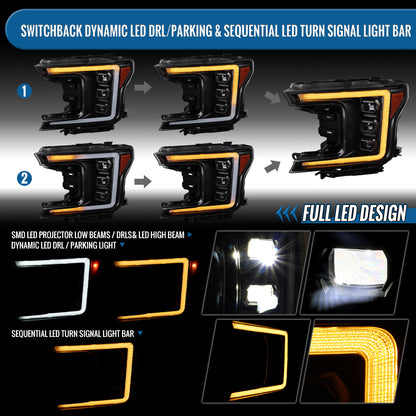 Ronnin - Fits 2018-2020 Ford F150 Full LED Beam Triple Projector Headlights Animated Startup Remote Control Amber/White DRL Switchback Seq. Turn Signals With 2 Lighting Patterns Assembly Pair | Black