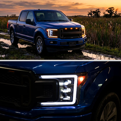 Ronnin - Fits 2018-2020 Ford F150 Full LED Beam Triple Projector Headlights Animated Startup Remote Control Amber/White DRL Switchback Seq. Turn Signals With 2 Lighting Patterns Assembly Pair | Black