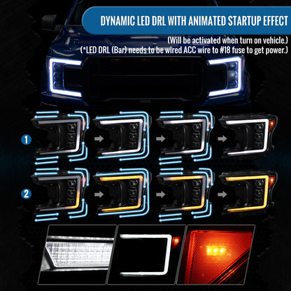 Ronnin - Fits 2018-2020 Ford F150 Full LED Beam Triple Projector Headlights Animated Startup Remote Control Amber/White DRL Switchback Seq. Turn Signals With 2 Lighting Patterns Assembly Pair | Black
