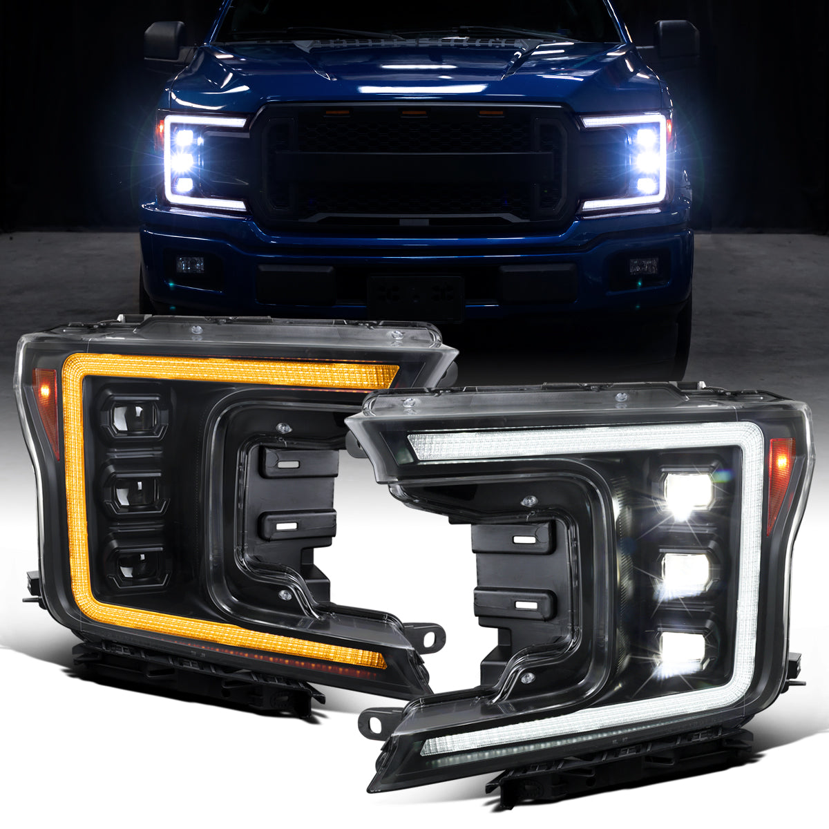 Ronnin - Fits 2018-2020 Ford F150 Full LED Beam Triple Projector Headlights Animated Startup Remote Control Amber/White DRL Switchback Seq. Turn Signals With 2 Lighting Patterns Assembly Pair | Black